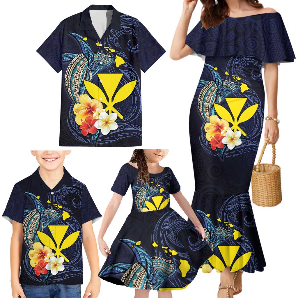 Hawaiian Whale and Kanaka Maoli Symbol Family Matching Mermaid Dress and Hawaiian Shirt Hibiscus with Hawaii Map and Polynesian Tattoo Deep Sea Color LT03 - Polynesian Pride