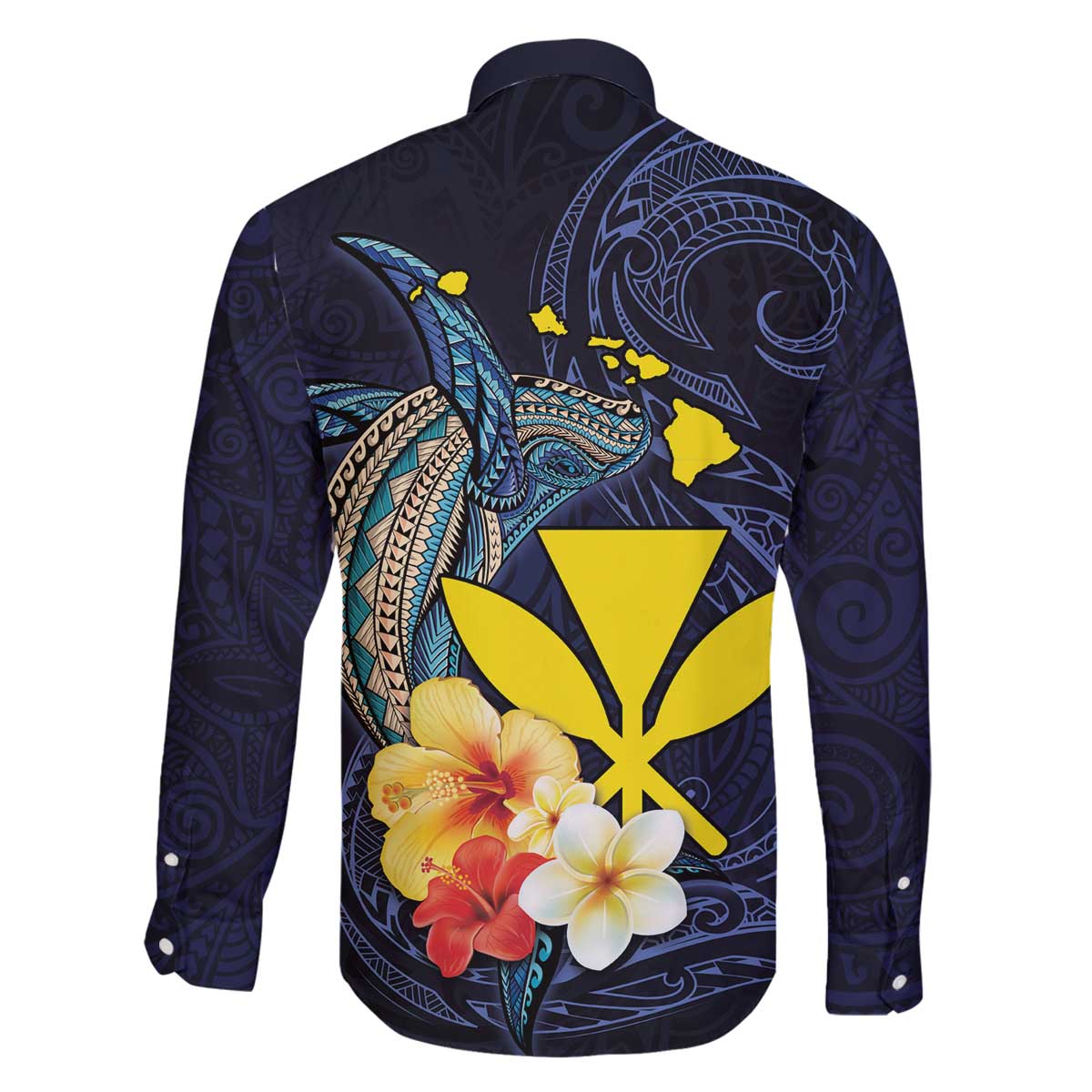 Hawaiian Whale and Kanaka Maoli Symbol Family Matching Off The Shoulder Long Sleeve Dress and Hawaiian Shirt Hibiscus with Hawaii Map and Polynesian Tattoo Deep Sea Color LT03 - Polynesian Pride