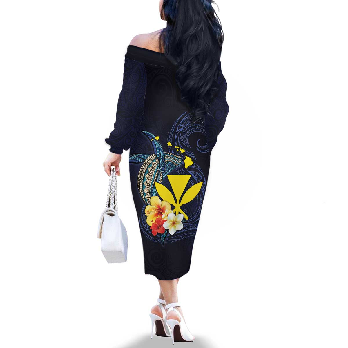Hawaiian Whale and Kanaka Maoli Symbol Family Matching Off The Shoulder Long Sleeve Dress and Hawaiian Shirt Hibiscus with Hawaii Map and Polynesian Tattoo Deep Sea Color LT03 - Polynesian Pride