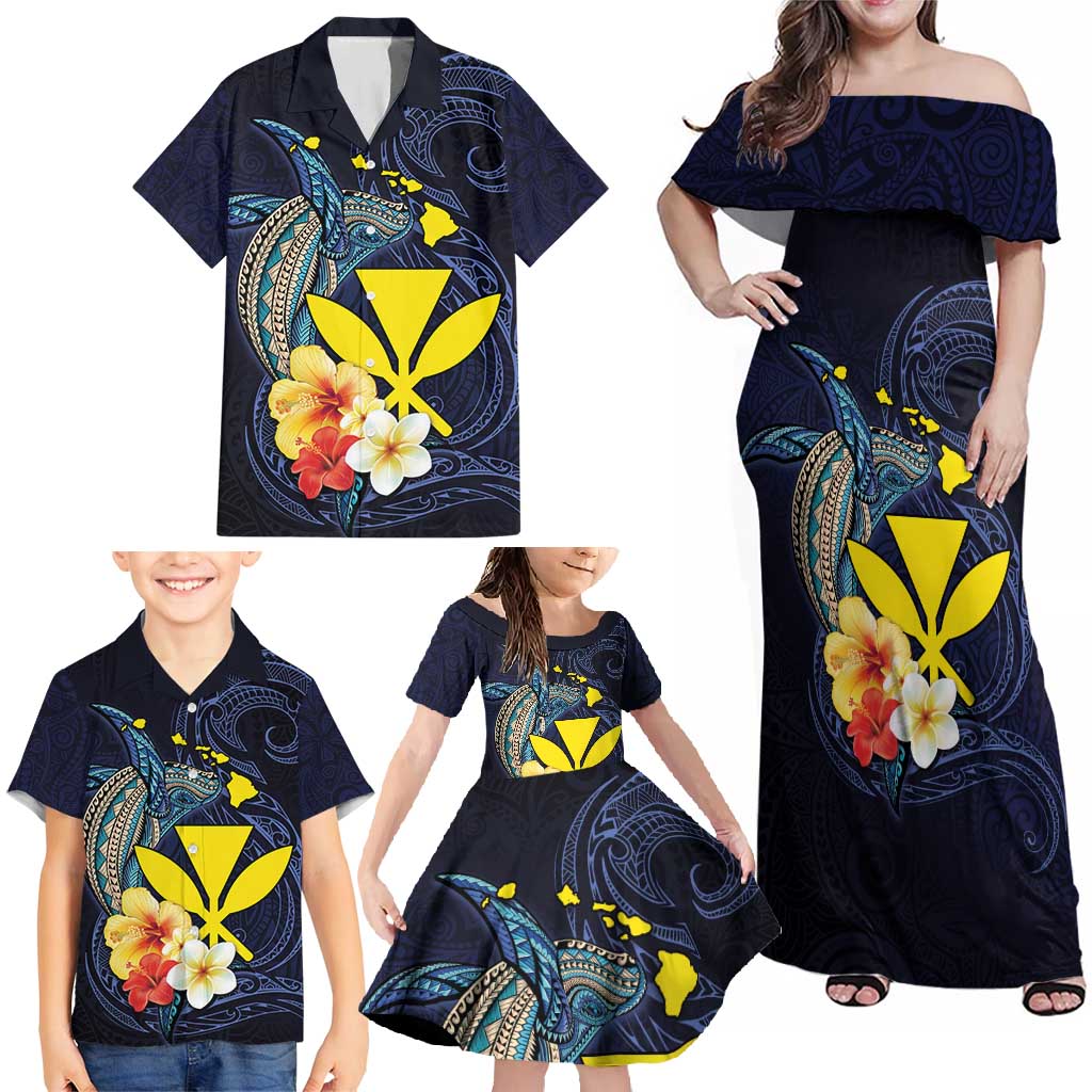 Hawaiian Whale and Kanaka Maoli Symbol Family Matching Off Shoulder Maxi Dress and Hawaiian Shirt Hibiscus with Hawaii Map and Polynesian Tattoo Deep Sea Color LT03 - Polynesian Pride