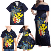 Hawaiian Whale and Kanaka Maoli Symbol Family Matching Off Shoulder Maxi Dress and Hawaiian Shirt Hibiscus with Hawaii Map and Polynesian Tattoo Deep Sea Color LT03 - Polynesian Pride