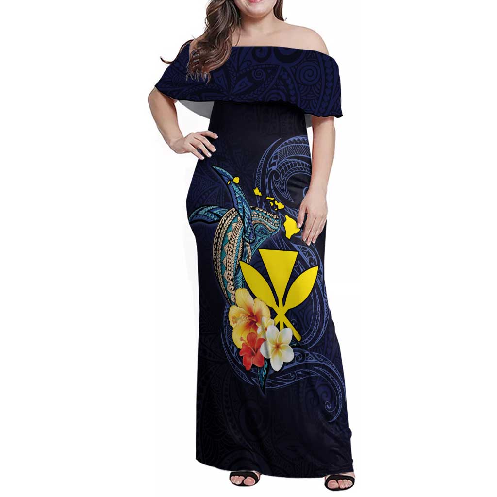 Hawaiian Whale and Kanaka Maoli Symbol Family Matching Off Shoulder Maxi Dress and Hawaiian Shirt Hibiscus with Hawaii Map and Polynesian Tattoo Deep Sea Color LT03 Mom's Dress Blue - Polynesian Pride