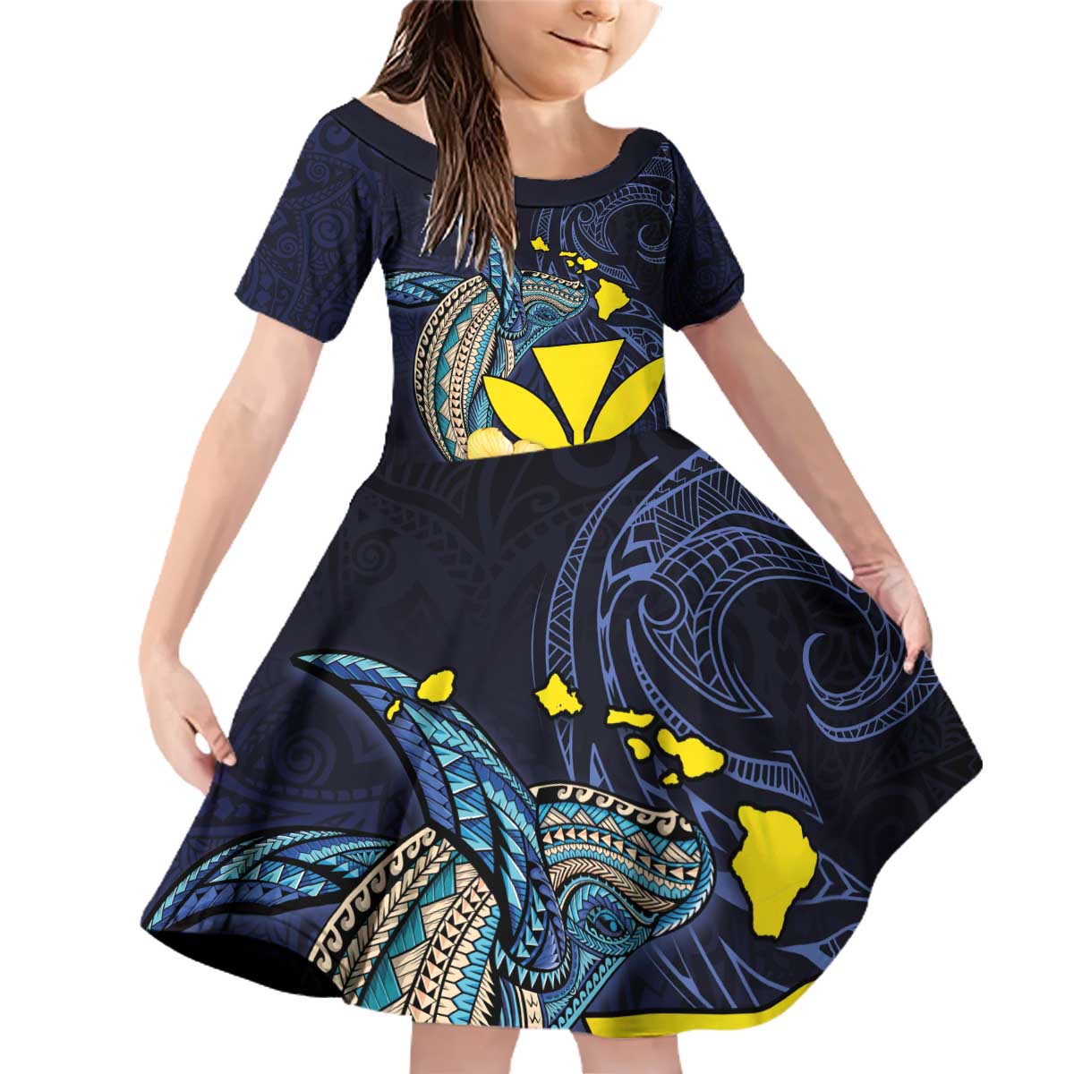 Hawaiian Whale and Kanaka Maoli Symbol Family Matching Off Shoulder Short Dress and Hawaiian Shirt Hibiscus with Hawaii Map and Polynesian Tattoo Deep Sea Color LT03 Daughter's Dress Blue - Polynesian Pride