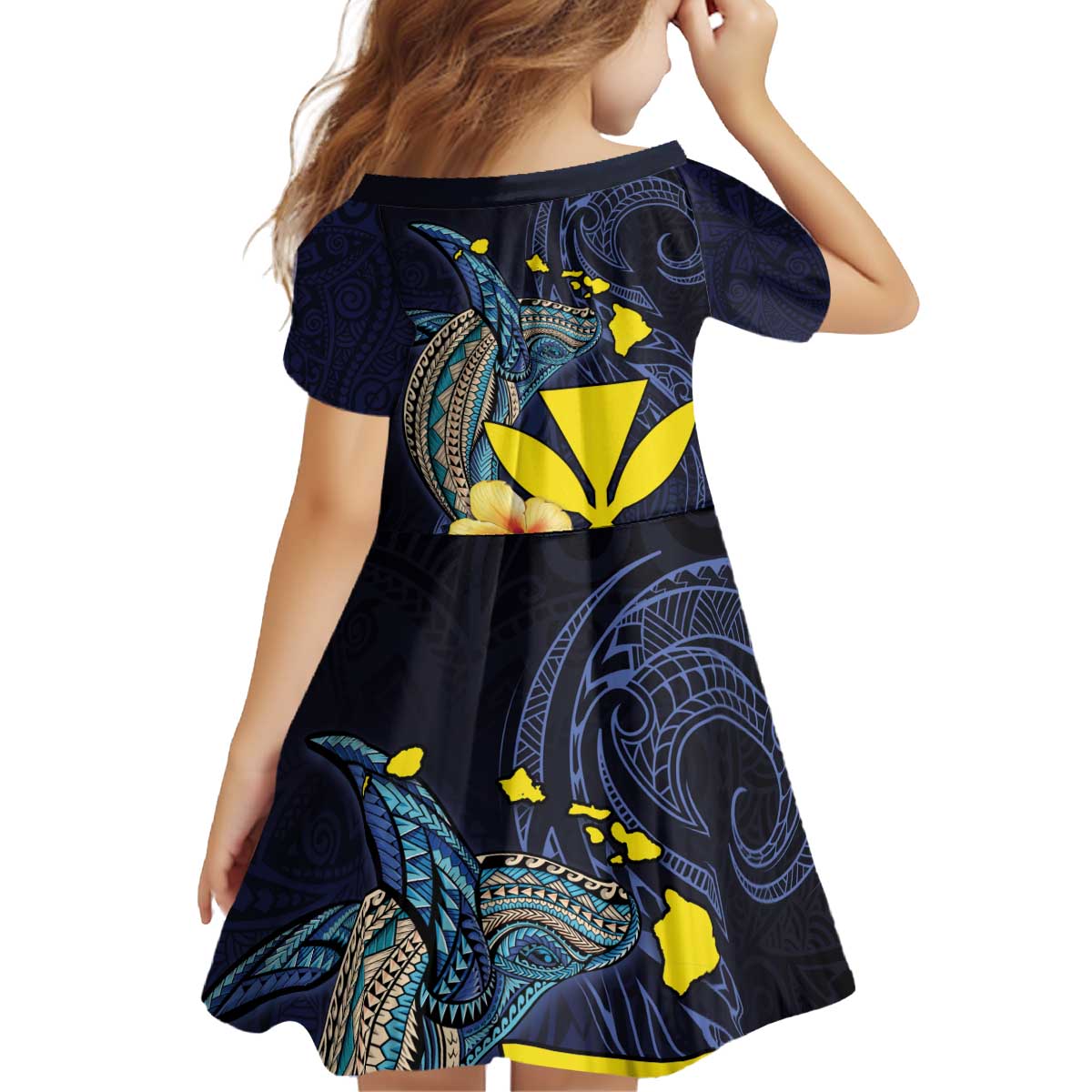 Hawaiian Whale and Kanaka Maoli Symbol Family Matching Off Shoulder Short Dress and Hawaiian Shirt Hibiscus with Hawaii Map and Polynesian Tattoo Deep Sea Color LT03 - Polynesian Pride