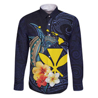 Hawaiian Whale and Kanaka Maoli Symbol Family Matching Off Shoulder Short Dress and Hawaiian Shirt Hibiscus with Hawaii Map and Polynesian Tattoo Deep Sea Color LT03 Dad's Shirt - Long Sleeve Blue - Polynesian Pride