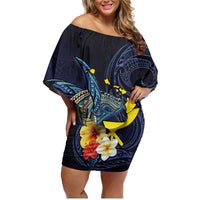 Hawaiian Whale and Kanaka Maoli Symbol Family Matching Off Shoulder Short Dress and Hawaiian Shirt Hibiscus with Hawaii Map and Polynesian Tattoo Deep Sea Color LT03 Mom's Dress Blue - Polynesian Pride