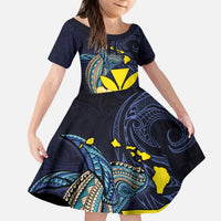 Hawaiian Whale and Kanaka Maoli Symbol Family Matching Puletasi and Hawaiian Shirt Hibiscus with Hawaii Map and Polynesian Tattoo Deep Sea Color LT03 Daughter's Dress Blue - Polynesian Pride