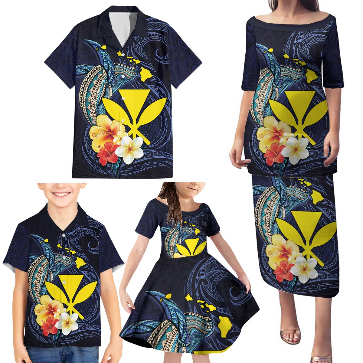 Hawaiian Whale and Kanaka Maoli Symbol Family Matching Puletasi and Hawaiian Shirt Hibiscus with Hawaii Map and Polynesian Tattoo Deep Sea Color LT03 - Polynesian Pride