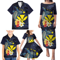 Hawaiian Whale and Kanaka Maoli Symbol Family Matching Puletasi and Hawaiian Shirt Hibiscus with Hawaii Map and Polynesian Tattoo Deep Sea Color LT03 - Polynesian Pride
