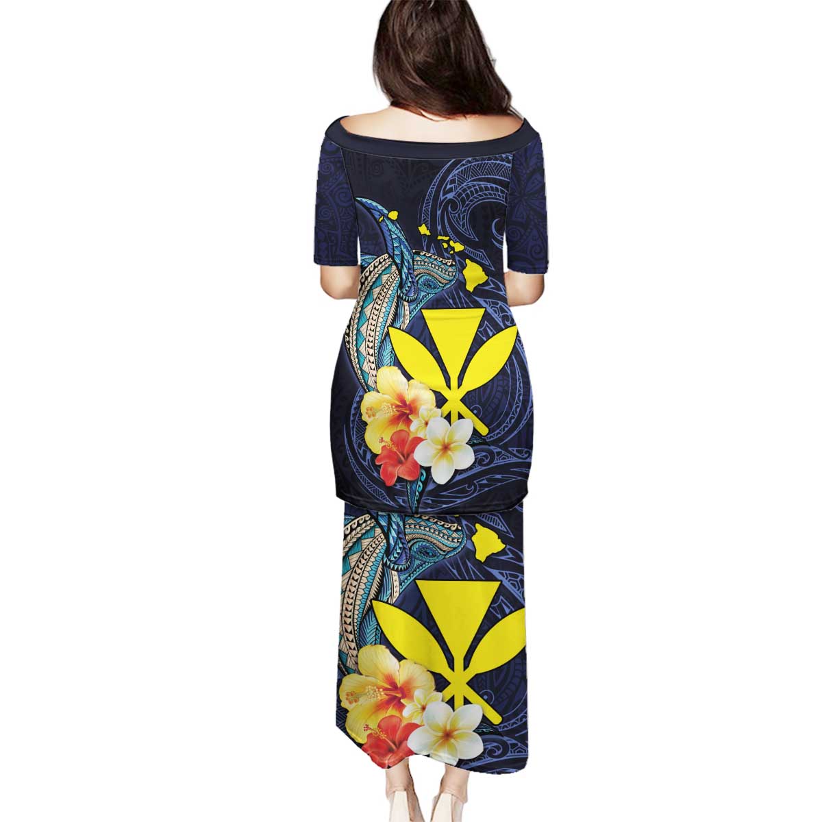 Hawaiian Whale and Kanaka Maoli Symbol Family Matching Puletasi and Hawaiian Shirt Hibiscus with Hawaii Map and Polynesian Tattoo Deep Sea Color LT03 - Polynesian Pride