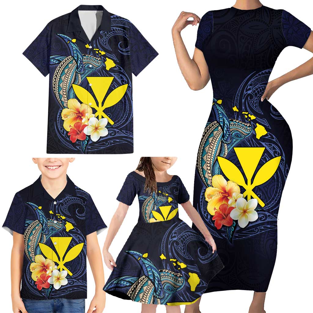 Hawaiian Whale and Kanaka Maoli Symbol Family Matching Short Sleeve Bodycon Dress and Hawaiian Shirt Hibiscus with Hawaii Map and Polynesian Tattoo Deep Sea Color LT03 - Polynesian Pride