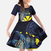 Hawaiian Whale and Kanaka Maoli Symbol Family Matching Summer Maxi Dress and Hawaiian Shirt Hibiscus with Hawaii Map and Polynesian Tattoo Deep Sea Color LT03 Daughter's Dress Blue - Polynesian Pride