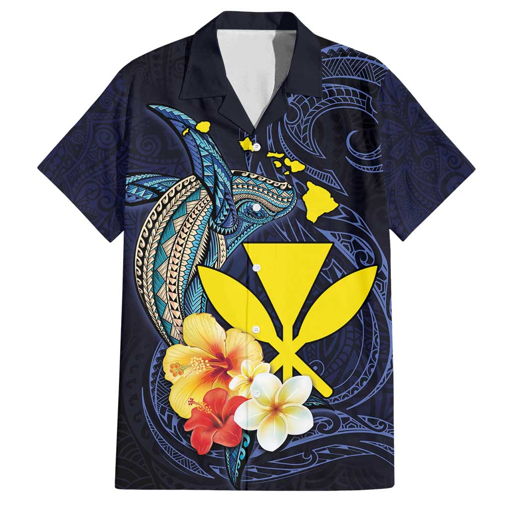 Hawaiian Whale and Kanaka Maoli Symbol Family Matching Summer Maxi Dress and Hawaiian Shirt Hibiscus with Hawaii Map and Polynesian Tattoo Deep Sea Color LT03 Dad's Shirt - Short Sleeve Blue - Polynesian Pride