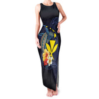 Hawaiian Whale and Kanaka Maoli Symbol Family Matching Tank Maxi Dress and Hawaiian Shirt Hibiscus with Hawaii Map and Polynesian Tattoo Deep Sea Color LT03 Mom's Dress Blue - Polynesian Pride