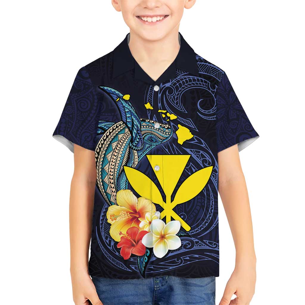 Hawaiian Whale and Kanaka Maoli Symbol Family Matching Tank Maxi Dress and Hawaiian Shirt Hibiscus with Hawaii Map and Polynesian Tattoo Deep Sea Color LT03 Son's Shirt Blue - Polynesian Pride