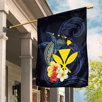 Hawaiian Whale and Kanaka Maoli Symbol Garden Flag Hibiscus with Hawaii Map and Polynesian Tattoo Deep Sea Color LT03 House Flag Blue - Polynesian Pride