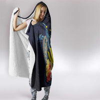 Hawaiian Whale and Kanaka Maoli Symbol Hooded Blanket Hibiscus with Hawaii Map and Polynesian Tattoo Deep Sea Color LT03 - Polynesian Pride