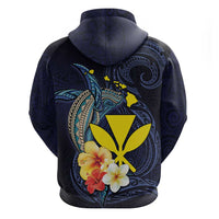 Hawaiian Whale and Kanaka Maoli Symbol Hoodie Hibiscus with Hawaii Map and Polynesian Tattoo Deep Sea Color LT03 - Polynesian Pride