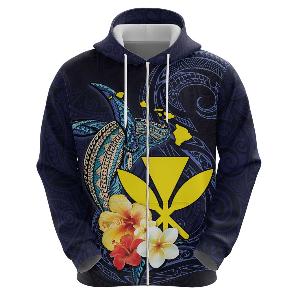 Hawaiian Whale and Kanaka Maoli Symbol Hoodie Hibiscus with Hawaii Map and Polynesian Tattoo Deep Sea Color LT03 - Polynesian Pride