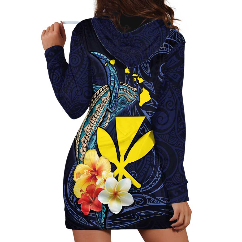 Hawaiian Whale and Kanaka Maoli Symbol Hoodie Dress Hibiscus with Hawaii Map and Polynesian Tattoo Deep Sea Color LT03 - Polynesian Pride
