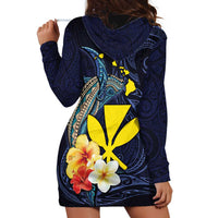 Hawaiian Whale and Kanaka Maoli Symbol Hoodie Dress Hibiscus with Hawaii Map and Polynesian Tattoo Deep Sea Color LT03 - Polynesian Pride