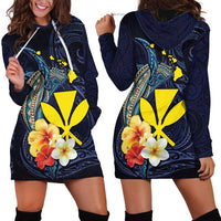 Hawaiian Whale and Kanaka Maoli Symbol Hoodie Dress Hibiscus with Hawaii Map and Polynesian Tattoo Deep Sea Color LT03 - Polynesian Pride