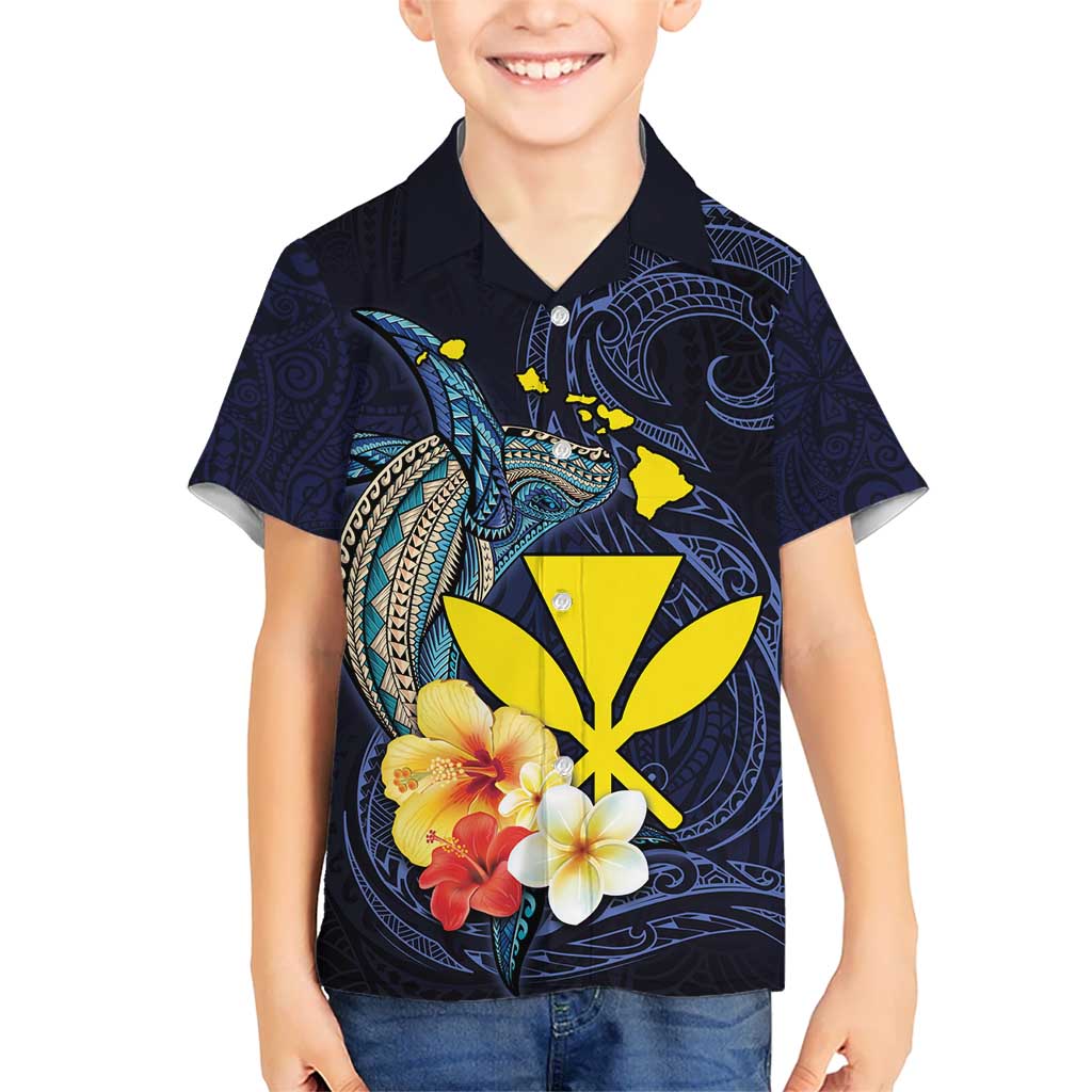 Hawaiian Whale and Kanaka Maoli Symbol Kid Hawaiian Shirt Hibiscus with Hawaii Map and Polynesian Tattoo Deep Sea Color LT03 Kid Blue - Polynesian Pride