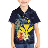 Hawaiian Whale and Kanaka Maoli Symbol Kid Hawaiian Shirt Hibiscus with Hawaii Map and Polynesian Tattoo Deep Sea Color LT03 Kid Blue - Polynesian Pride