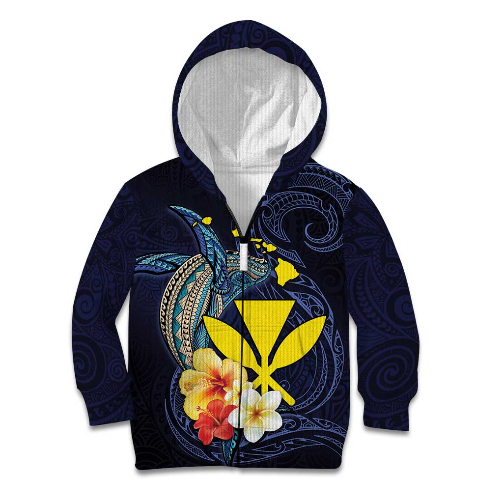 Hawaiian Whale and Kanaka Maoli Symbol Kid Hoodie Hibiscus with Hawaii Map and Polynesian Tattoo Deep Sea Color LT03 Zip Hoodie Blue - Polynesian Pride