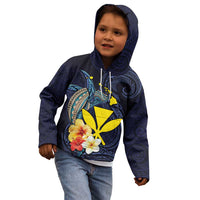 Hawaiian Whale and Kanaka Maoli Symbol Kid Hoodie Hibiscus with Hawaii Map and Polynesian Tattoo Deep Sea Color LT03 - Polynesian Pride