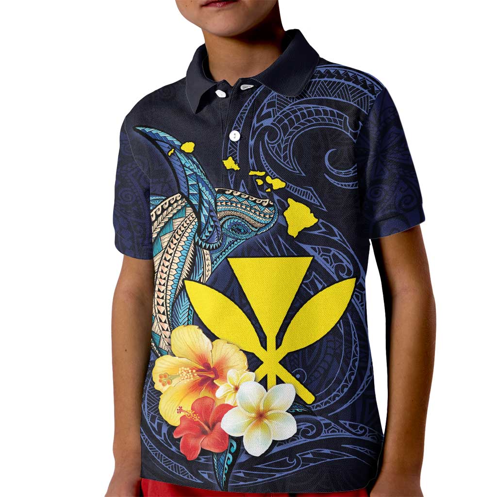 Hawaiian Whale and Kanaka Maoli Symbol Kid Polo Shirt Hibiscus with Hawaii Map and Polynesian Tattoo Deep Sea Color LT03 Kid Blue - Polynesian Pride