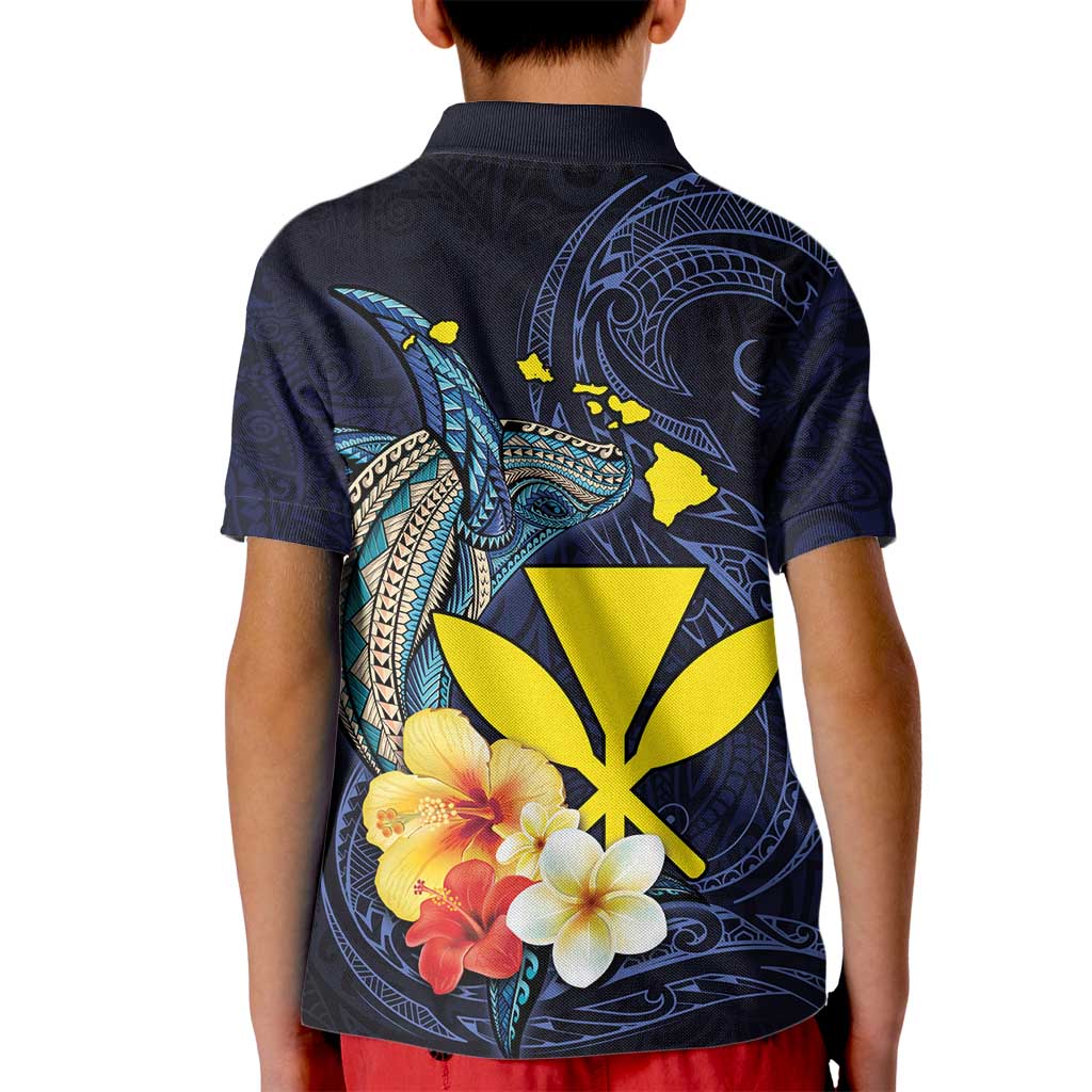 Hawaiian Whale and Kanaka Maoli Symbol Kid Polo Shirt Hibiscus with Hawaii Map and Polynesian Tattoo Deep Sea Color LT03 - Polynesian Pride