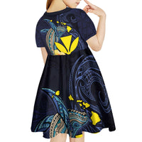 Hawaiian Whale and Kanaka Maoli Symbol Kid Short Sleeve Dress Hibiscus with Hawaii Map and Polynesian Tattoo Deep Sea Color LT03 - Polynesian Pride