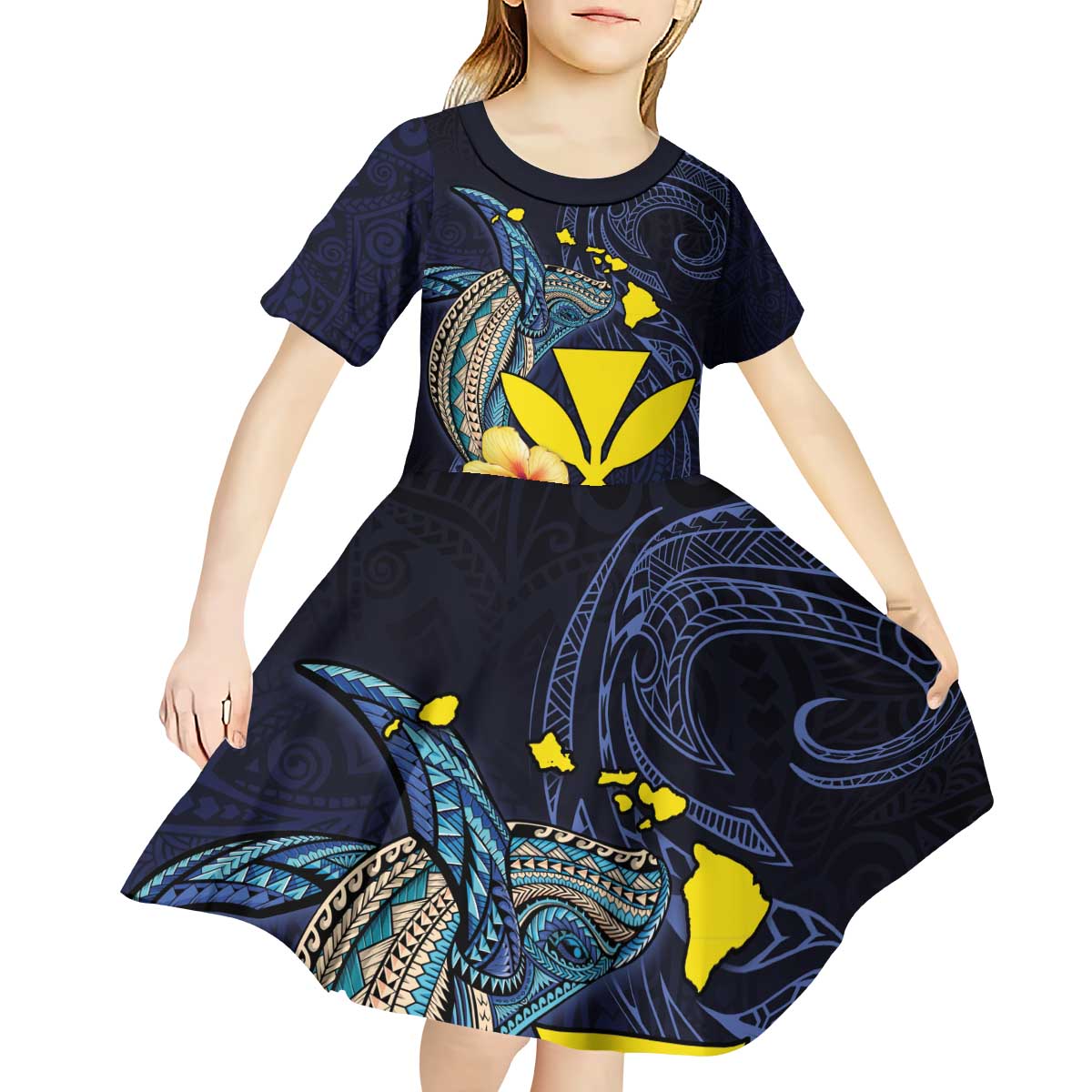 Hawaiian Whale and Kanaka Maoli Symbol Kid Short Sleeve Dress Hibiscus with Hawaii Map and Polynesian Tattoo Deep Sea Color LT03 - Polynesian Pride