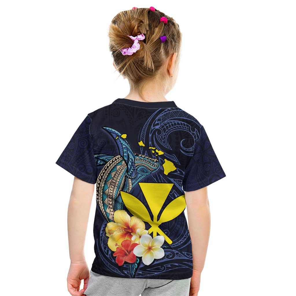 Hawaiian Whale and Kanaka Maoli Symbol Kid T Shirt Hibiscus with Hawaii Map and Polynesian Tattoo Deep Sea Color LT03 - Polynesian Pride