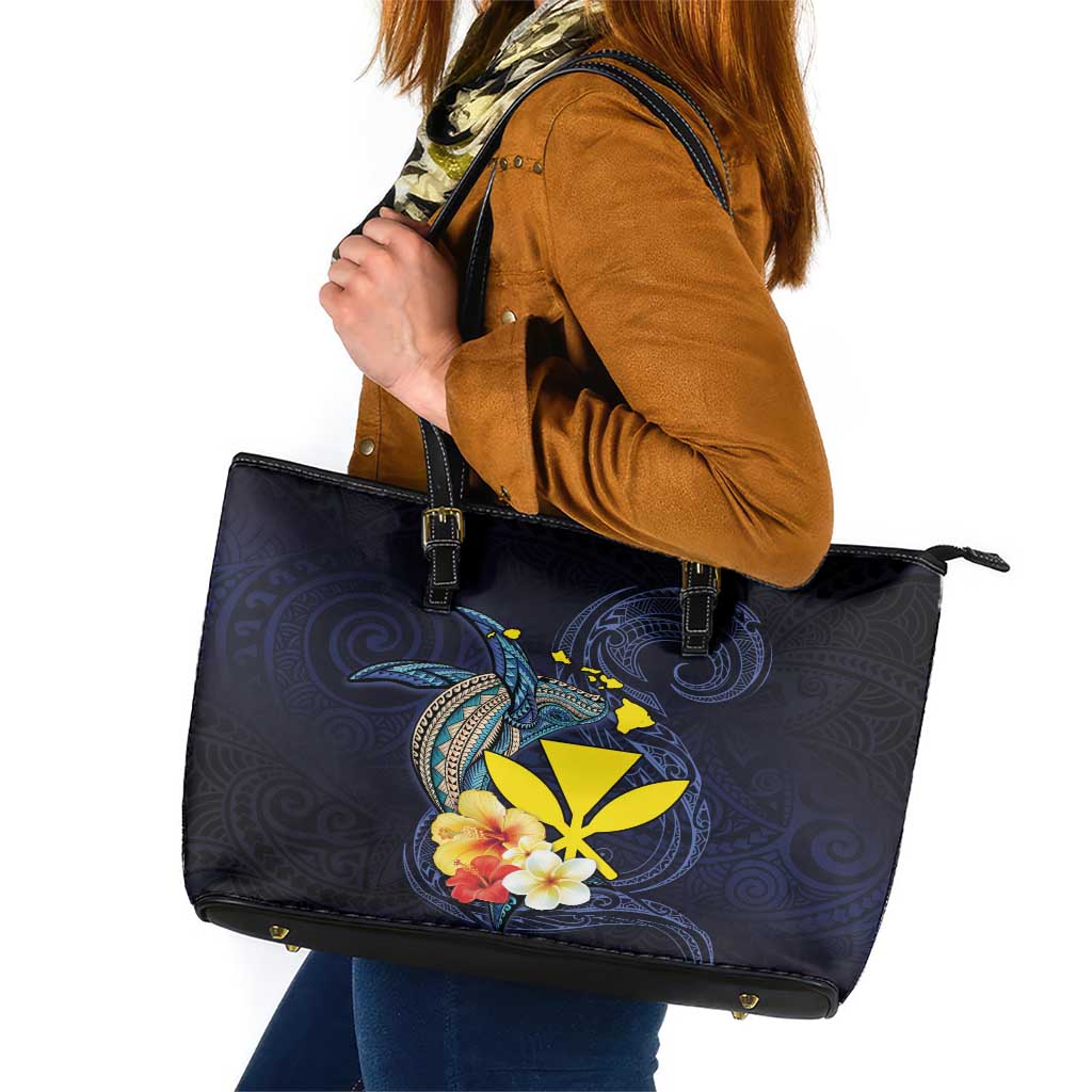 Hawaiian Whale and Kanaka Maoli Symbol Leather Tote Bag Hibiscus with Hawaii Map and Polynesian Tattoo Deep Sea Color LT03 Blue - Polynesian Pride