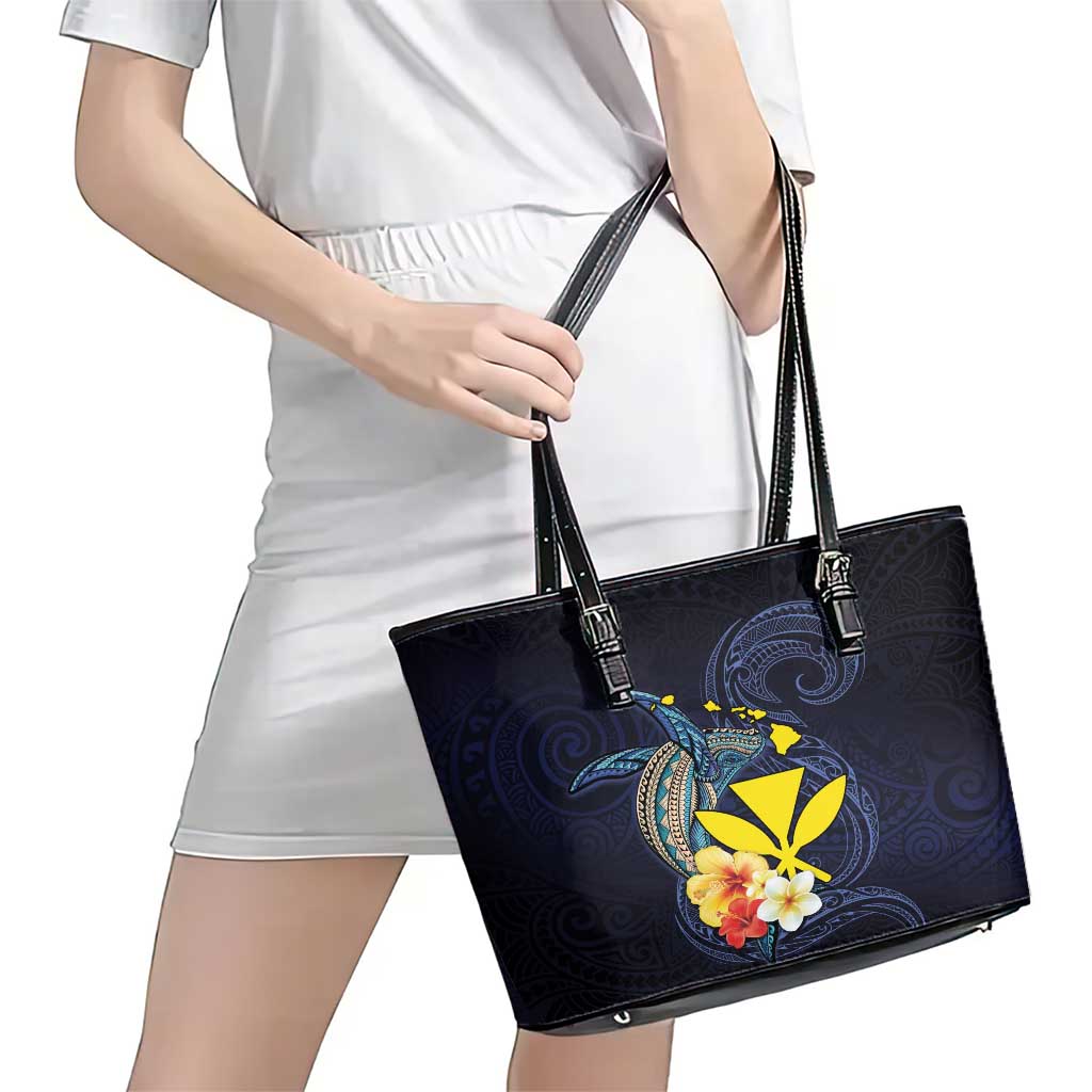 Hawaiian Whale and Kanaka Maoli Symbol Leather Tote Bag Hibiscus with Hawaii Map and Polynesian Tattoo Deep Sea Color LT03 - Polynesian Pride