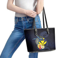 Hawaiian Whale and Kanaka Maoli Symbol Leather Tote Bag Hibiscus with Hawaii Map and Polynesian Tattoo Deep Sea Color LT03 - Polynesian Pride