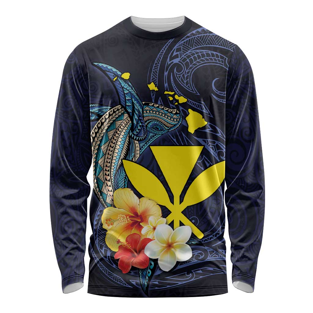 Hawaiian Whale and Kanaka Maoli Symbol Long Sleeve Shirt Hibiscus with Hawaii Map and Polynesian Tattoo Deep Sea Color LT03 Unisex Blue - Polynesian Pride