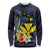 Hawaiian Whale and Kanaka Maoli Symbol Long Sleeve Shirt Hibiscus with Hawaii Map and Polynesian Tattoo Deep Sea Color