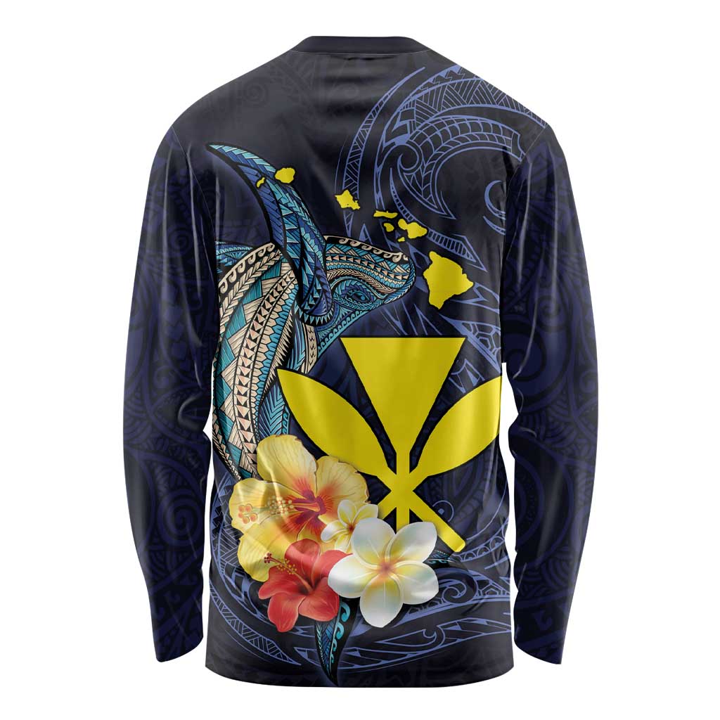 Hawaiian Whale and Kanaka Maoli Symbol Long Sleeve Shirt Hibiscus with Hawaii Map and Polynesian Tattoo Deep Sea Color LT03 - Polynesian Pride