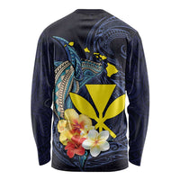Hawaiian Whale and Kanaka Maoli Symbol Long Sleeve Shirt Hibiscus with Hawaii Map and Polynesian Tattoo Deep Sea Color LT03 - Polynesian Pride