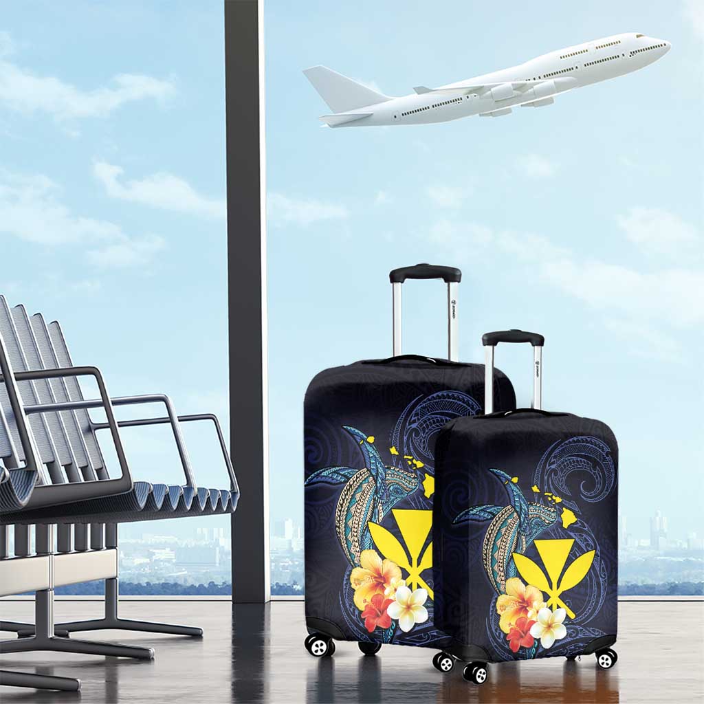 Hawaiian Whale and Kanaka Maoli Symbol Luggage Cover Hibiscus with Hawaii Map and Polynesian Tattoo Deep Sea Color LT03 - Polynesian Pride