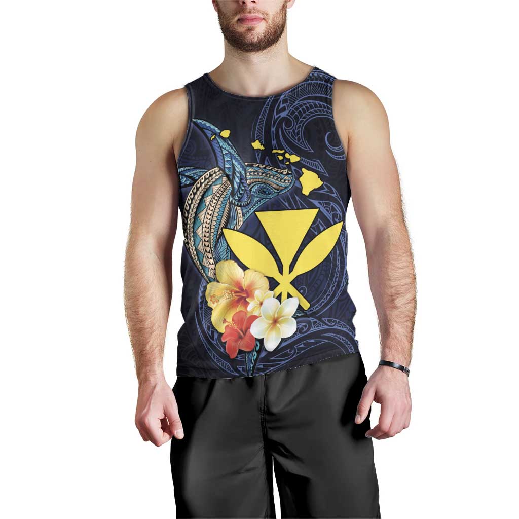 Hawaiian Whale and Kanaka Maoli Symbol Men Tank Top Hibiscus with Hawaii Map and Polynesian Tattoo Deep Sea Color LT03 - Polynesian Pride
