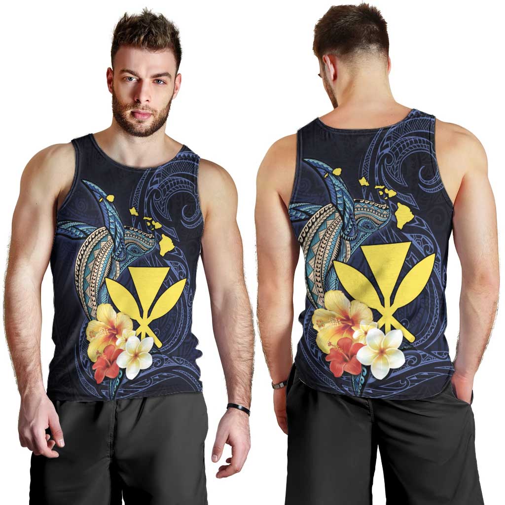 Hawaiian Whale and Kanaka Maoli Symbol Men Tank Top Hibiscus with Hawaii Map and Polynesian Tattoo Deep Sea Color LT03 - Polynesian Pride
