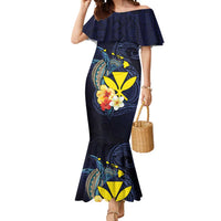 Hawaiian Whale and Kanaka Maoli Symbol Mermaid Dress Hibiscus with Hawaii Map and Polynesian Tattoo Deep Sea Color LT03 Women Blue - Polynesian Pride