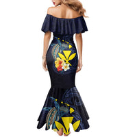 Hawaiian Whale and Kanaka Maoli Symbol Mermaid Dress Hibiscus with Hawaii Map and Polynesian Tattoo Deep Sea Color LT03 - Polynesian Pride