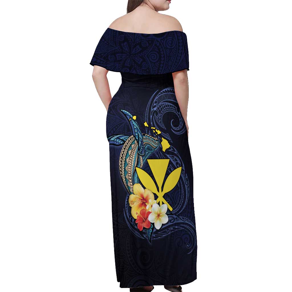 Hawaiian Whale and Kanaka Maoli Symbol Off Shoulder Maxi Dress Hibiscus with Hawaii Map and Polynesian Tattoo Deep Sea Color LT03 - Polynesian Pride