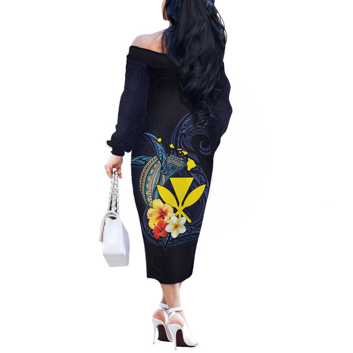 Hawaiian Whale and Kanaka Maoli Symbol Off The Shoulder Long Sleeve Dress Hibiscus with Hawaii Map and Polynesian Tattoo Deep Sea Color LT03 - Polynesian Pride