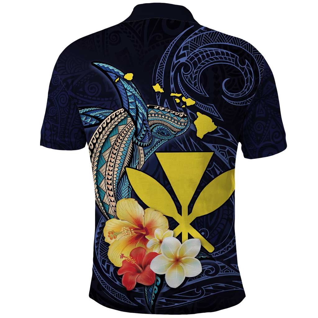 Hawaiian Whale and Kanaka Maoli Symbol Polo Shirt Hibiscus with Hawaii Map and Polynesian Tattoo Deep Sea Color LT03 - Polynesian Pride
